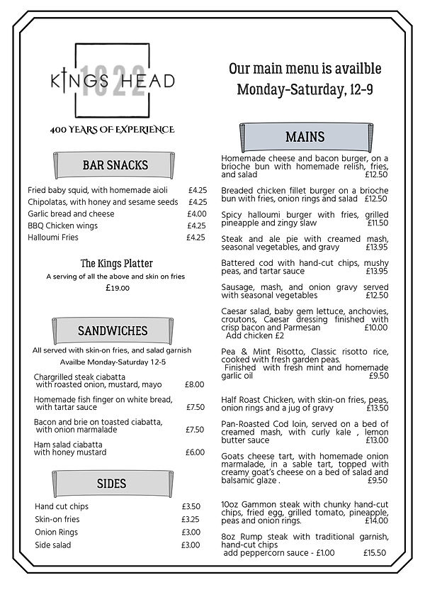 Main Menu Kings Head Chester